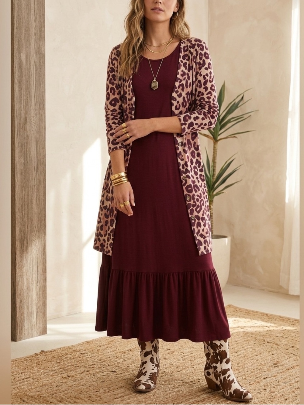 Zenana Outfitters 2pc Maxi Dress Duster Set Small Burgundy Leopard Print Minimal